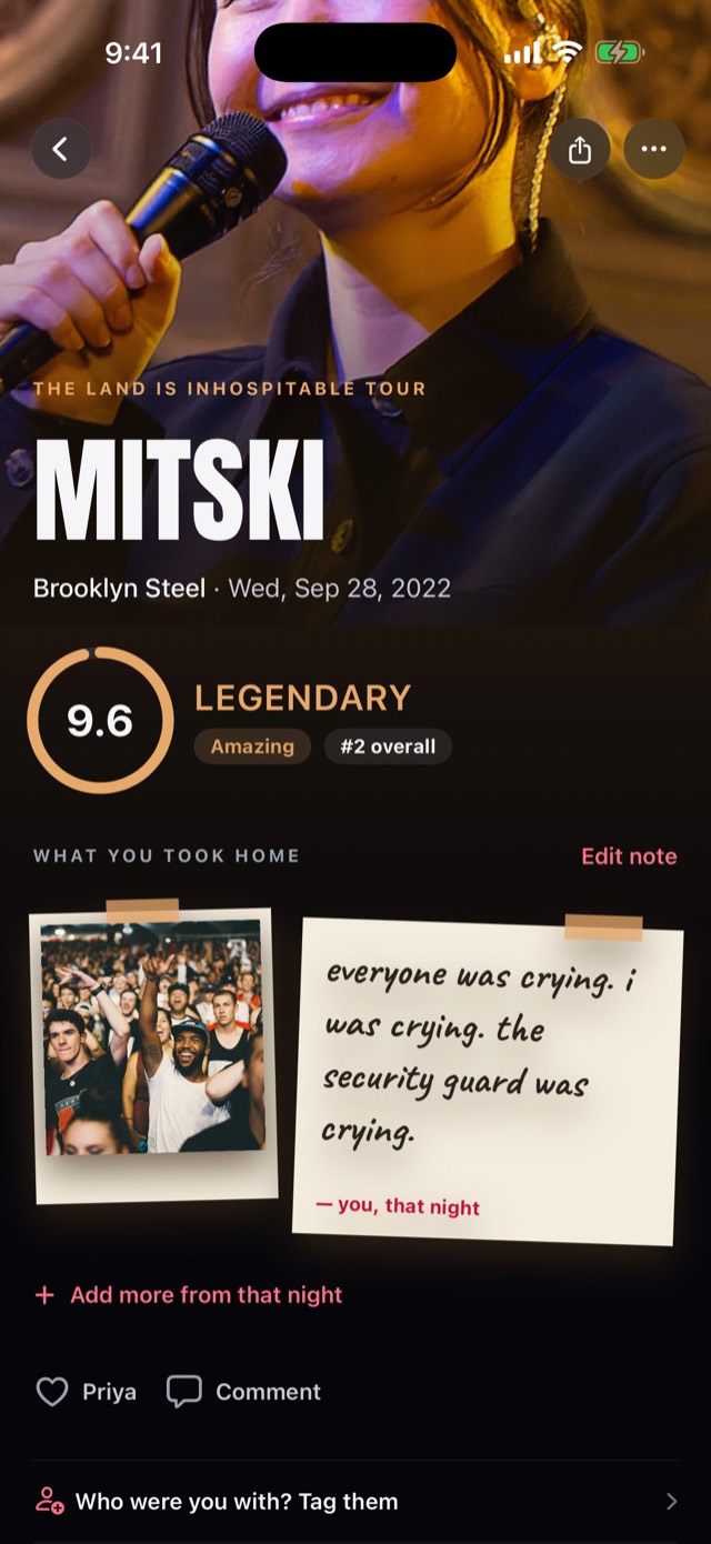 A SEEN show page: Mitski at Brooklyn Steel scored 9.6, with a taped photo and a handwritten note under What you took home.