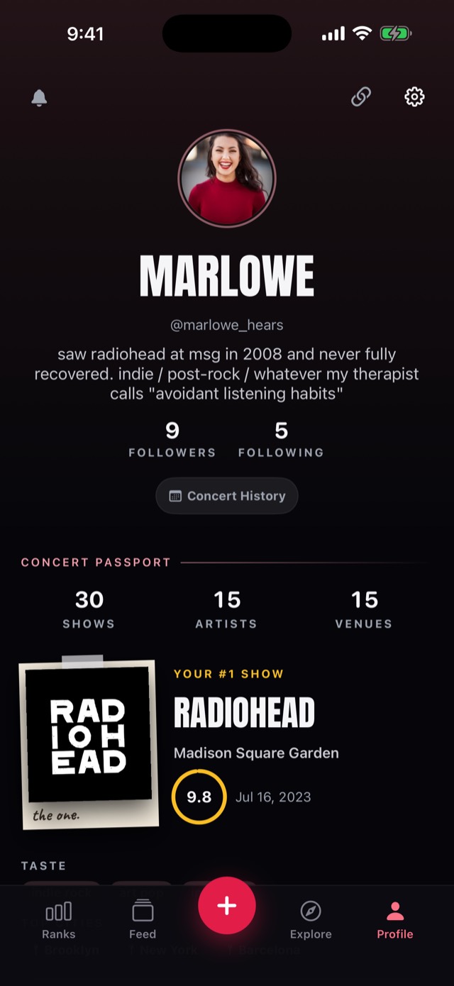 SEEN Profile screen with a concert passport of shows, artists and venues.